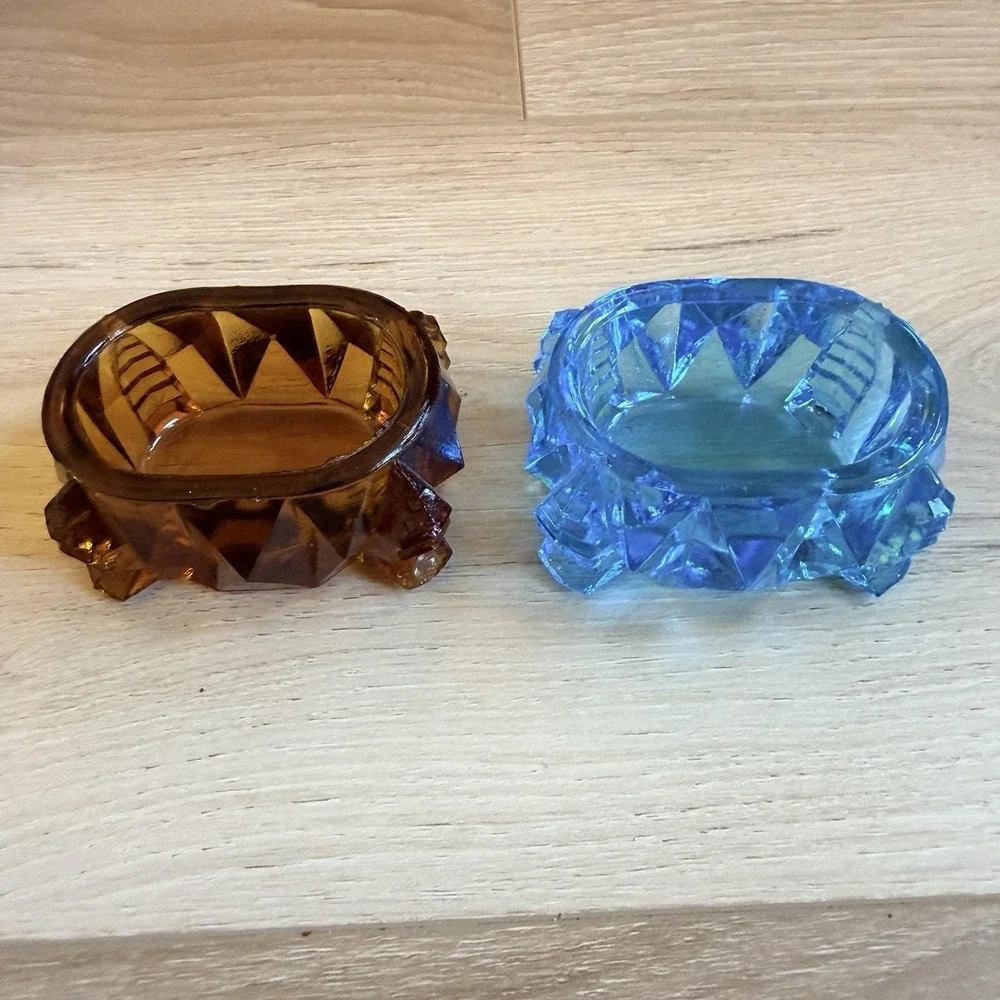 Blue and Amber Pressed Glass Open Salt Cellar Trinket Dish Set of 2